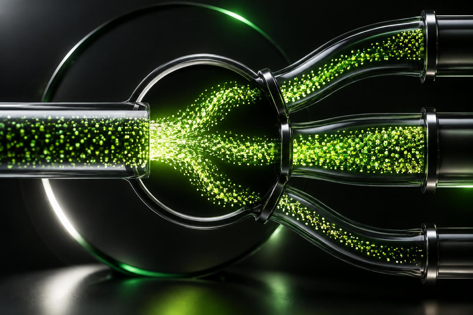 Luminous green rewards flowing through three transparent channels