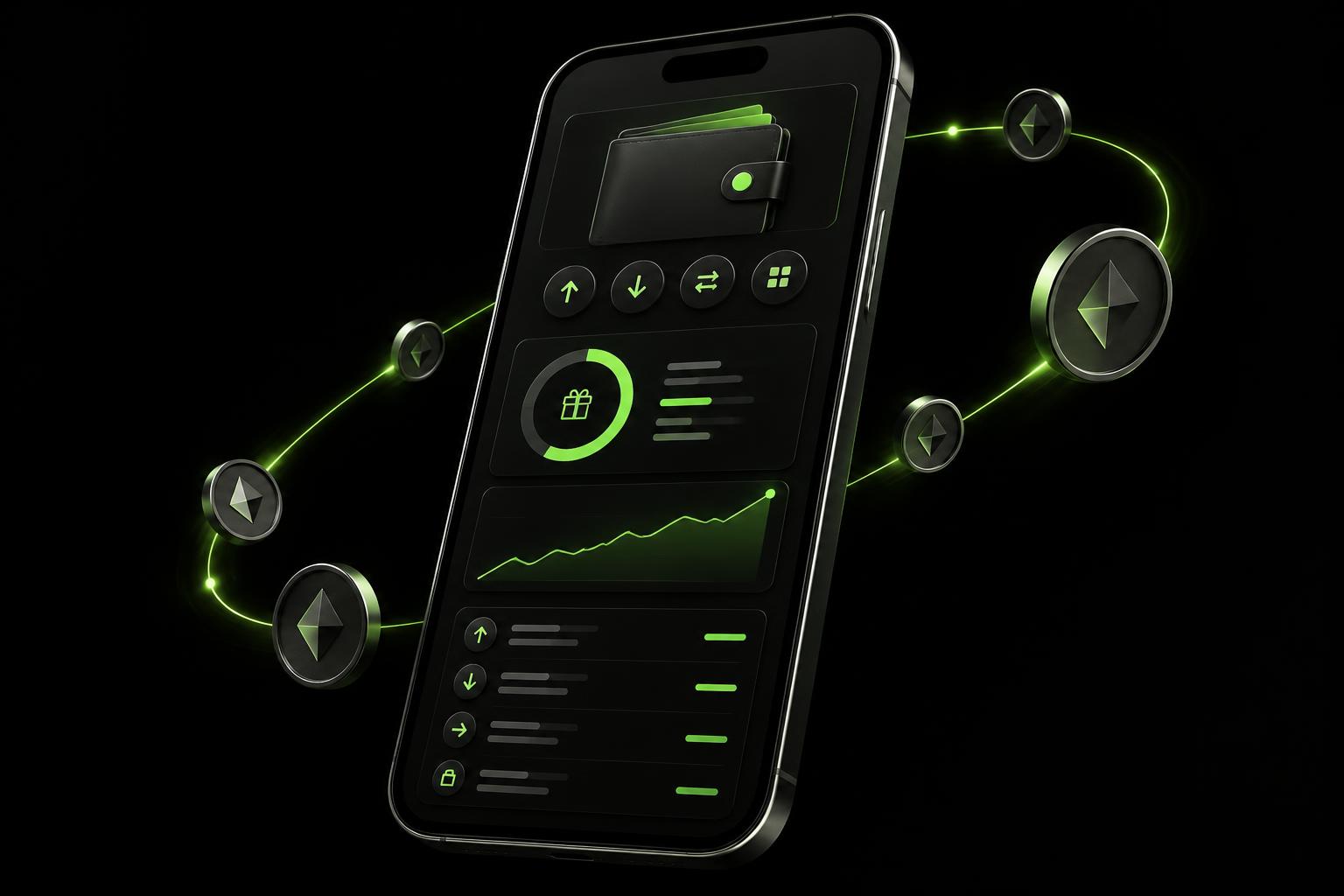 HOODBACK wallet interface surrounded by a green reward orbit